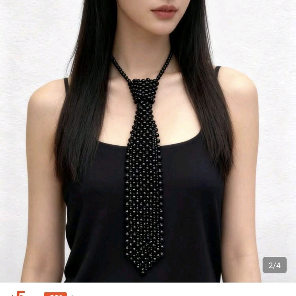 Black Beaded Tie Necklace - Picture 3 of 5